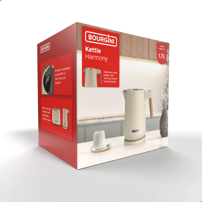 Bourgini Harmony Waterkoker 1.7L – RVS – Crème & Beukenhout
