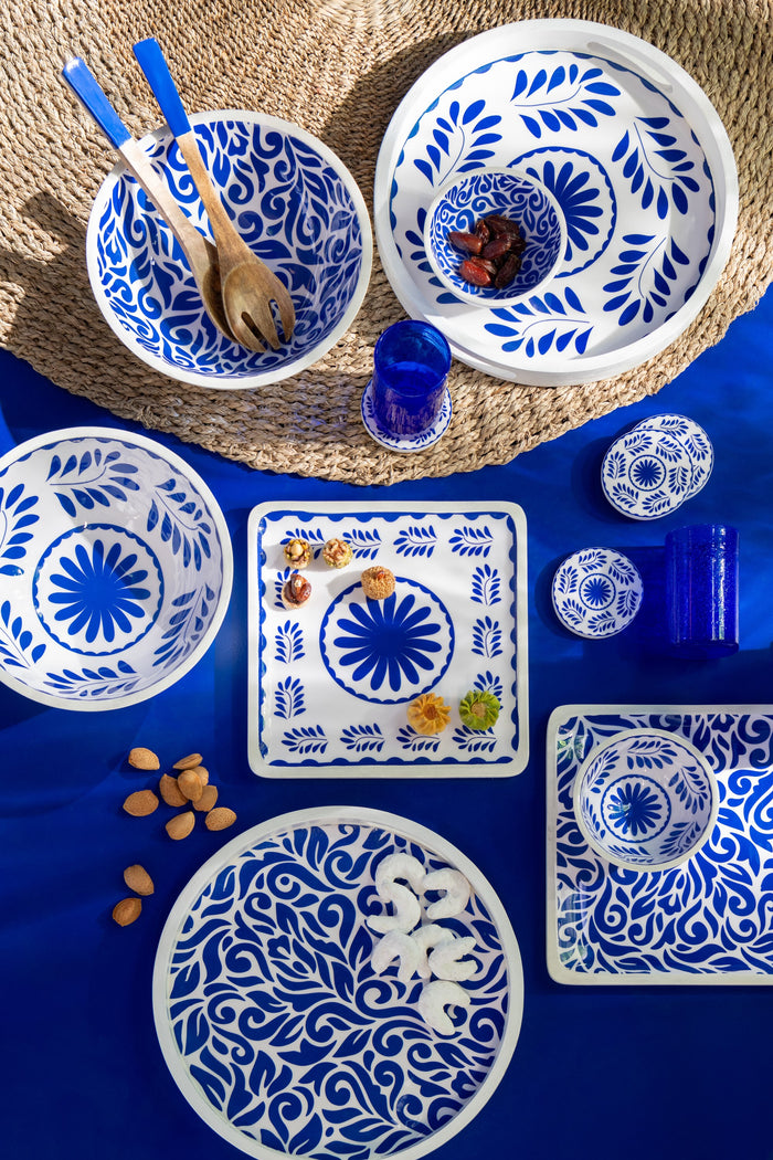 J-Line plateau Vierkant Bloemen - hout - blauw|wit - 2 stuks