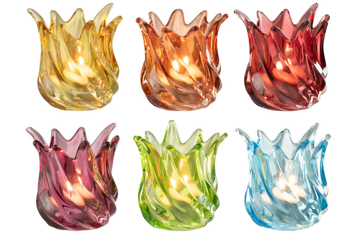 J-Line theelichthouder Popa - glas - mix - 6 stuks