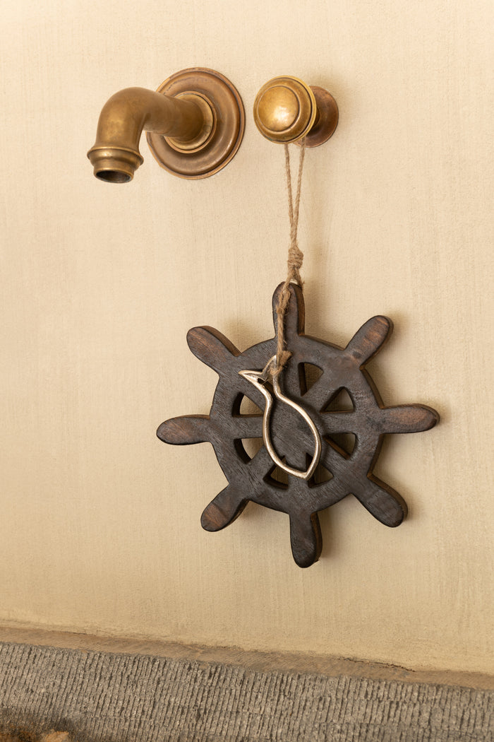 J-Line decoratie Roer Vis Mango - hout - donkerbruin - small