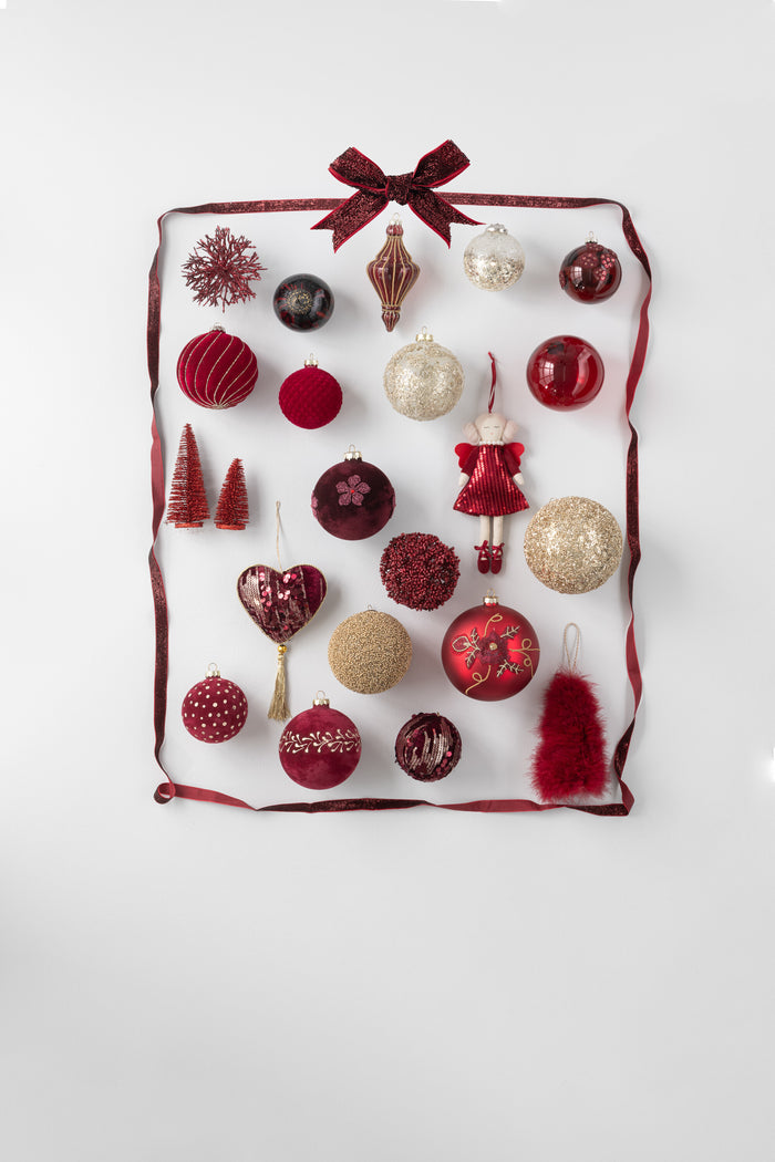 J-Line kerstbal Stippen - fluweel - bordeaux|goud - doos van 6