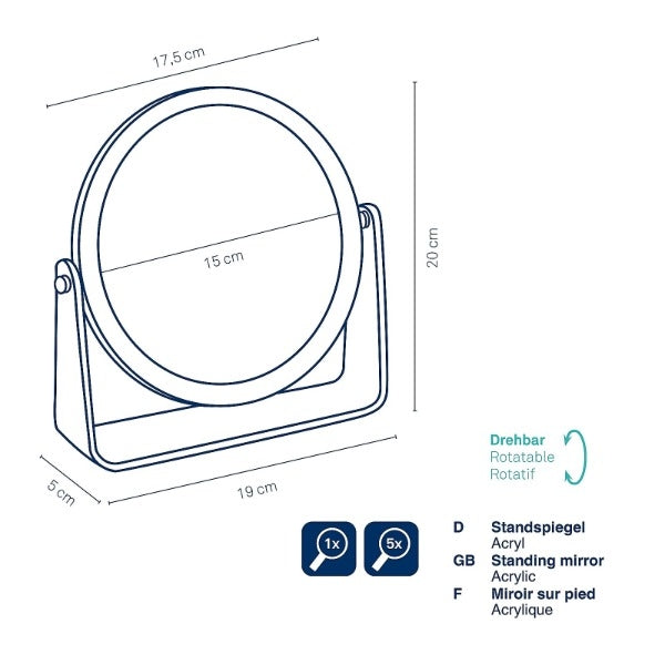 Spiegel, Staand, ø 15 cm, Draaibaar, 5x Vergroting, Acryl - Kela | Via