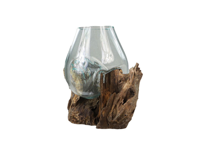HSM Collection Vaas op wortelhout- ø25x30 -  Naturel - Teakhout|glas
