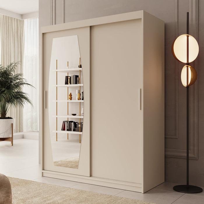 Meubella - Kledingkast Azai - Beige - 150 cm - Met spiegel