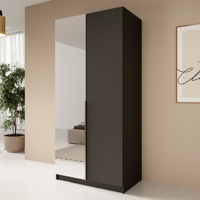 Meubella - Kledingkast Bruno 2 - Zwart - 100 cm - Met spiegel