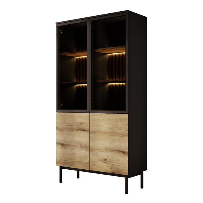 Meubella - Vitrinekast Ludwig - Zwart - Eiken - 100 cm - Hoog