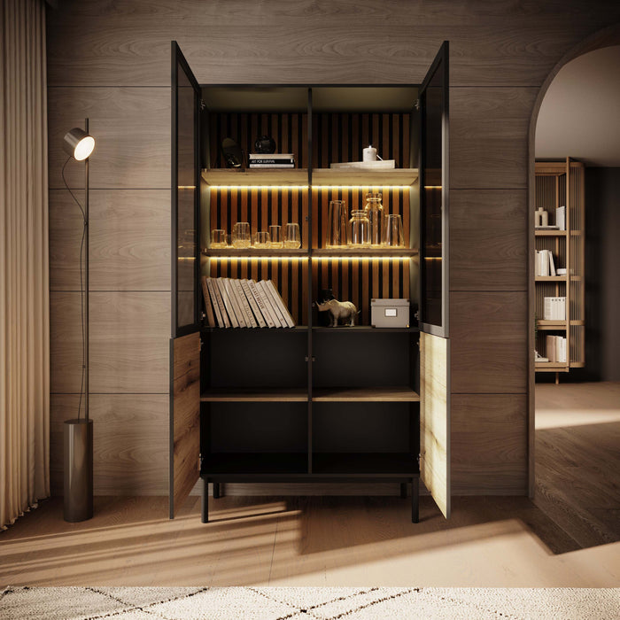 Meubella - Vitrinekast Ludwig - Zwart - Eiken - 100 cm - Hoog