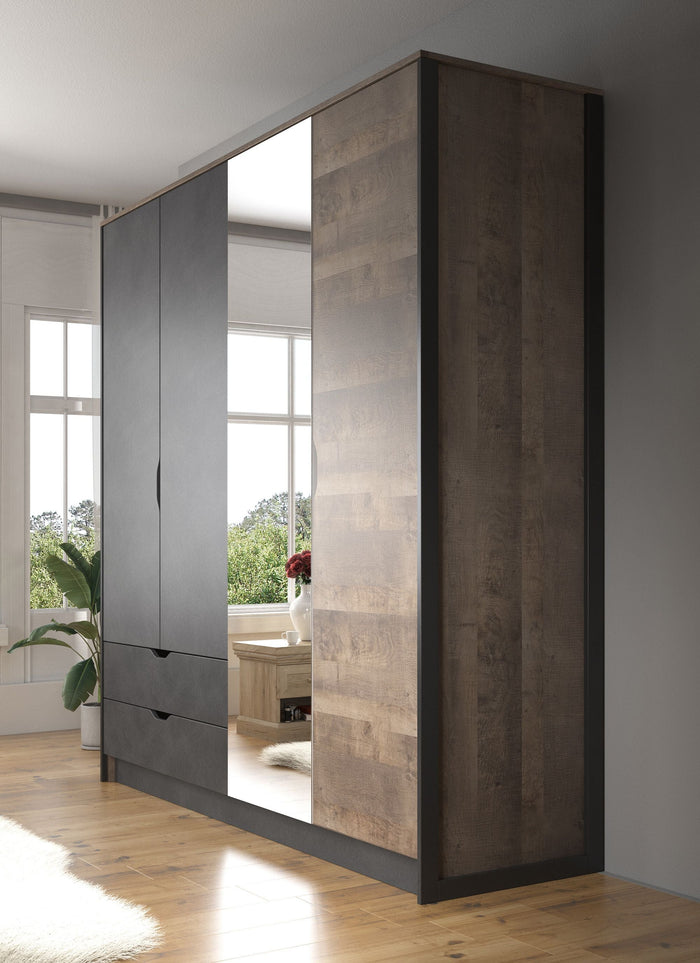 Meubella - Kledingkast Acasia - Grijs - Eiken - 220 cm - Met spiegel