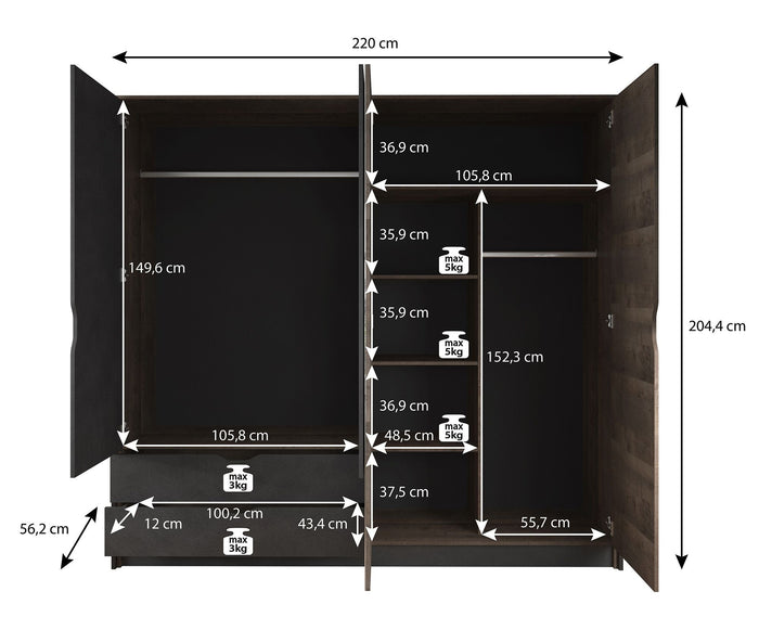 Meubella - Kledingkast Acasia - Grijs - Eiken - 220 cm - Met spiegel