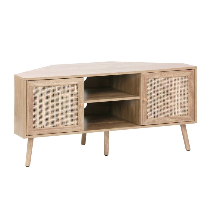 sweeek - Hoek-TV-meubel in houtdecor en rotan, 2 deuren, 1 plank, 115