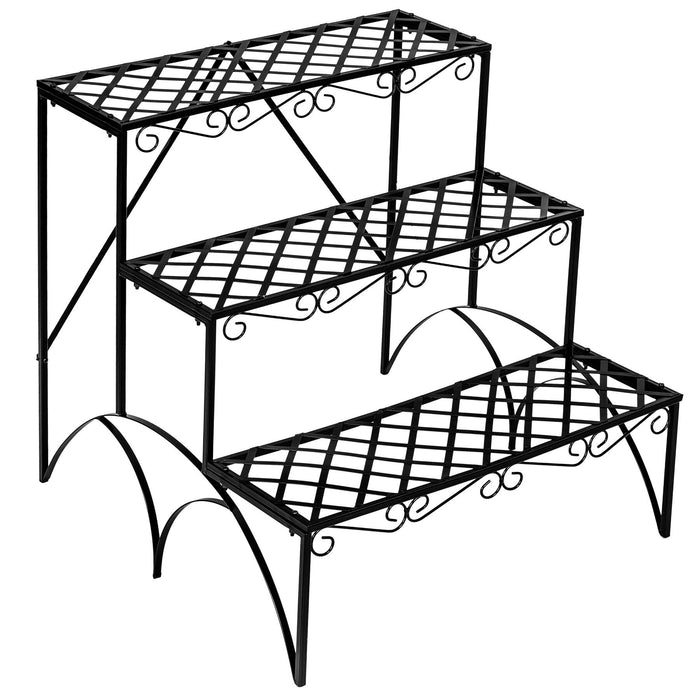 tectake® Bloementrap met 3 treden, vierkant - Zwart