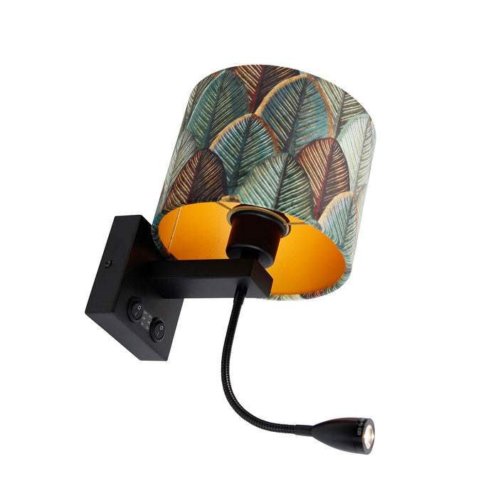 QAZQA Wandlamp zwart met velours lampenkap blad dessin met gouden