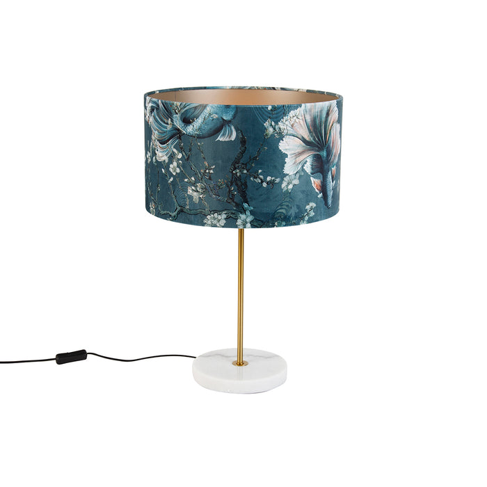 QAZQA Tafellamp messing met velours lampenkap vis dessin 35cm - Kaso