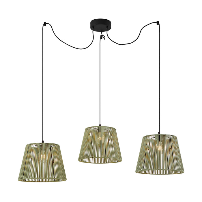 QAZQA Buiten hanglamp zwart met groene kappen van touw 3-lichts IP44