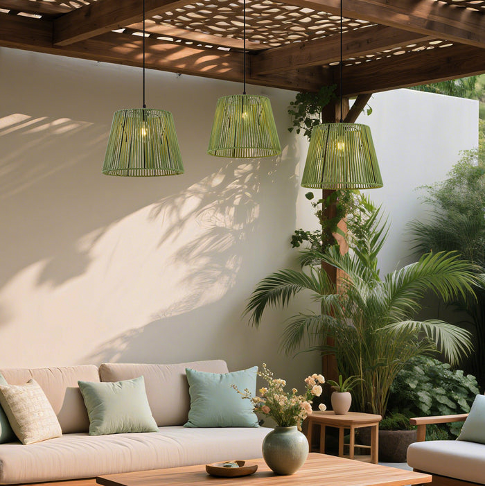 QAZQA Buiten hanglamp zwart met groene kappen van touw 3-lichts IP44