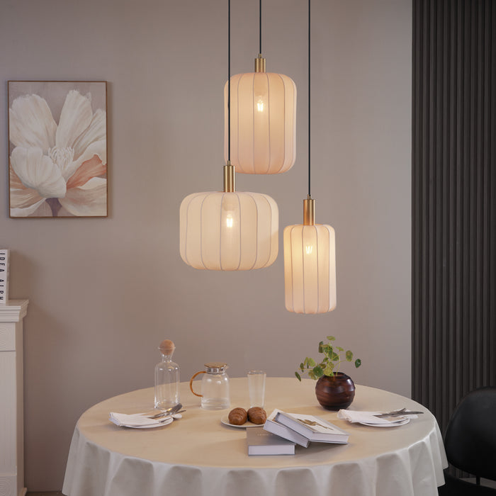 QAZQA Japandi hanglamp zwart en goud met beige kap 3-lichts - Pluni