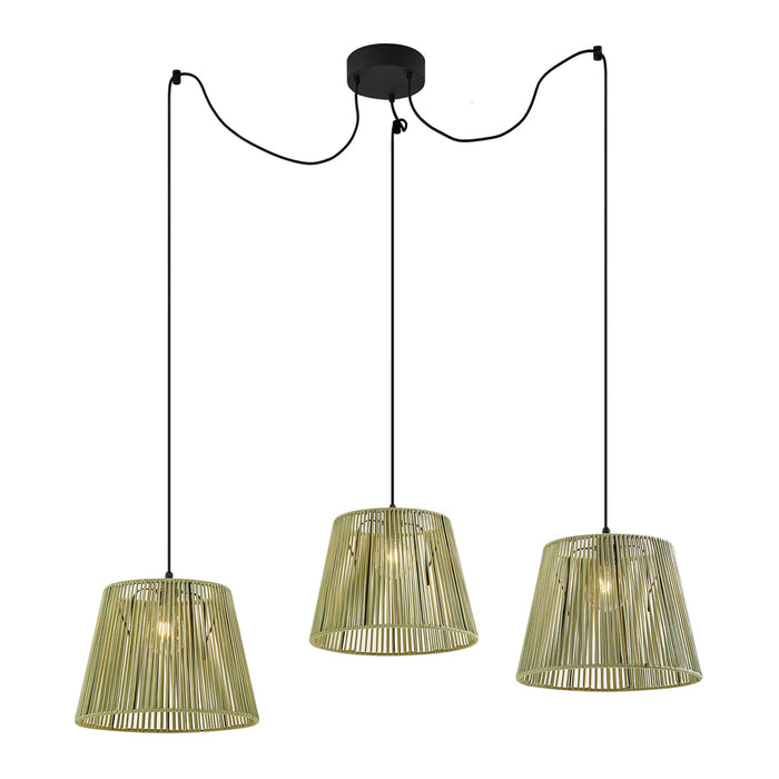 QAZQA Buiten hanglamp zwart met groene kappen van touw 3-lichts IP44