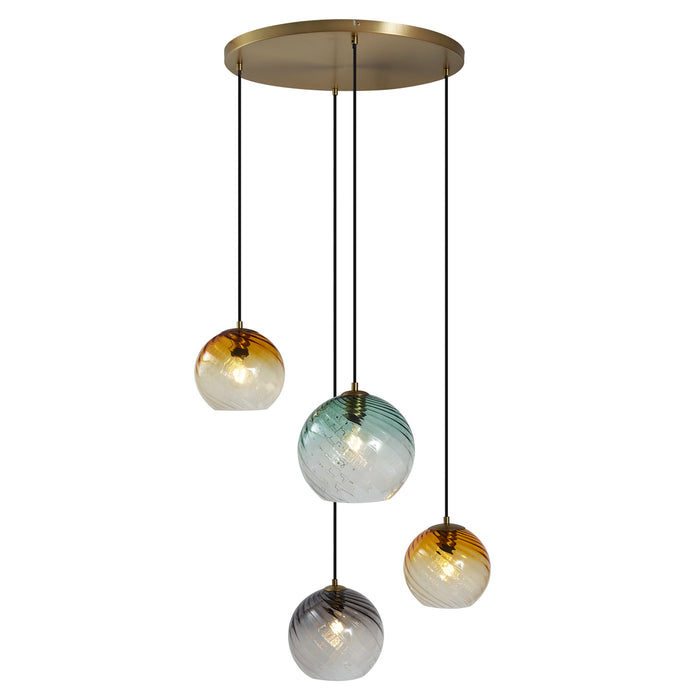 QAZQA Hanglamp brons met smoke amber en groen glas rond 4-lichts -