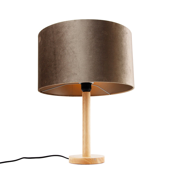 QAZQA Tafellamp hout met velours kap taupe 35cm - Mels