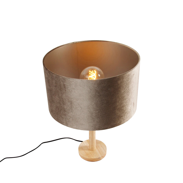 QAZQA Tafellamp hout met velours kap taupe 35cm - Mels