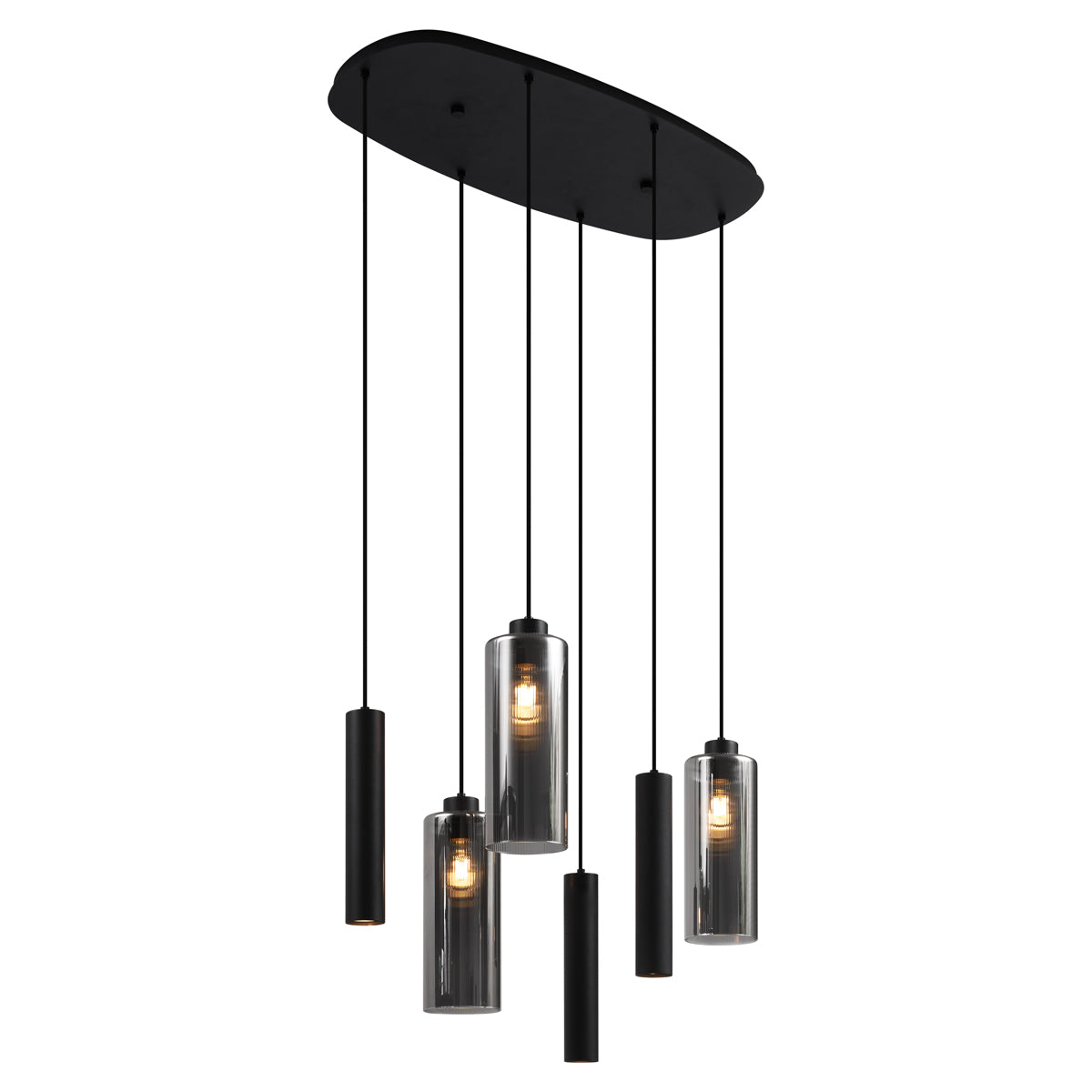 QAZQA Moderne hanglamp zwart met smoke glas 6-lichts - Duplantis