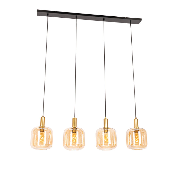 QAZQA Smart hanglamp zwart met messing en amber glas 4-lichts incl. 4