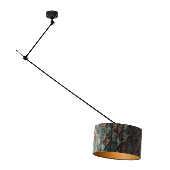 QAZQA Hanglamp zwart met velours lampenkap blad dessin met gouden