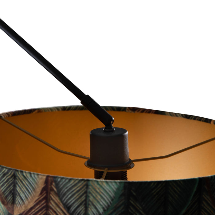 QAZQA Hanglamp zwart met velours lampenkap blad dessin met gouden