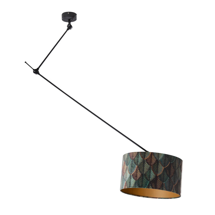 QAZQA Hanglamp zwart met velours lampenkap blad dessin met gouden