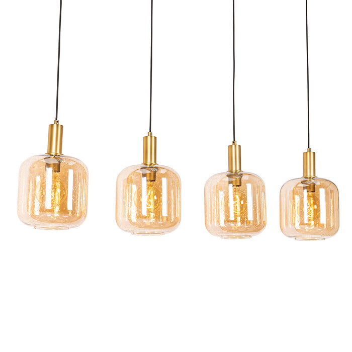 QAZQA Smart hanglamp zwart met messing en amber glas 4-lichts incl. 4