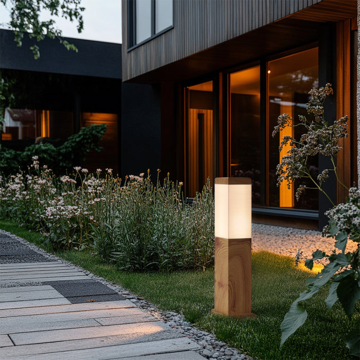 QAZQA Moderne staande buitenlamp staal met hout print 45cm IP44 -