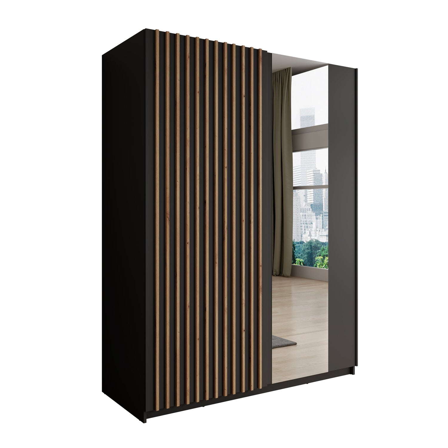 Meubella - Kledingkast Deliryon - Zwart - 150 cm - Met spiegel