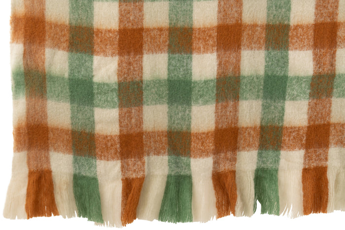 J-Line plaid Ruitjes + Franjes - textiel - wit|groen|bruin