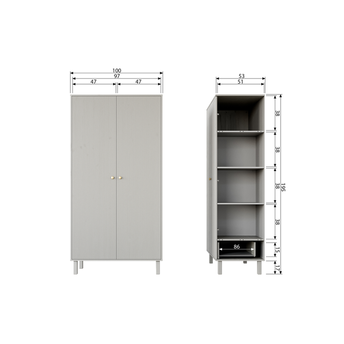 WOOOD Madu Garderobekast - Grenen - Wolkengrijs -  195x100x53