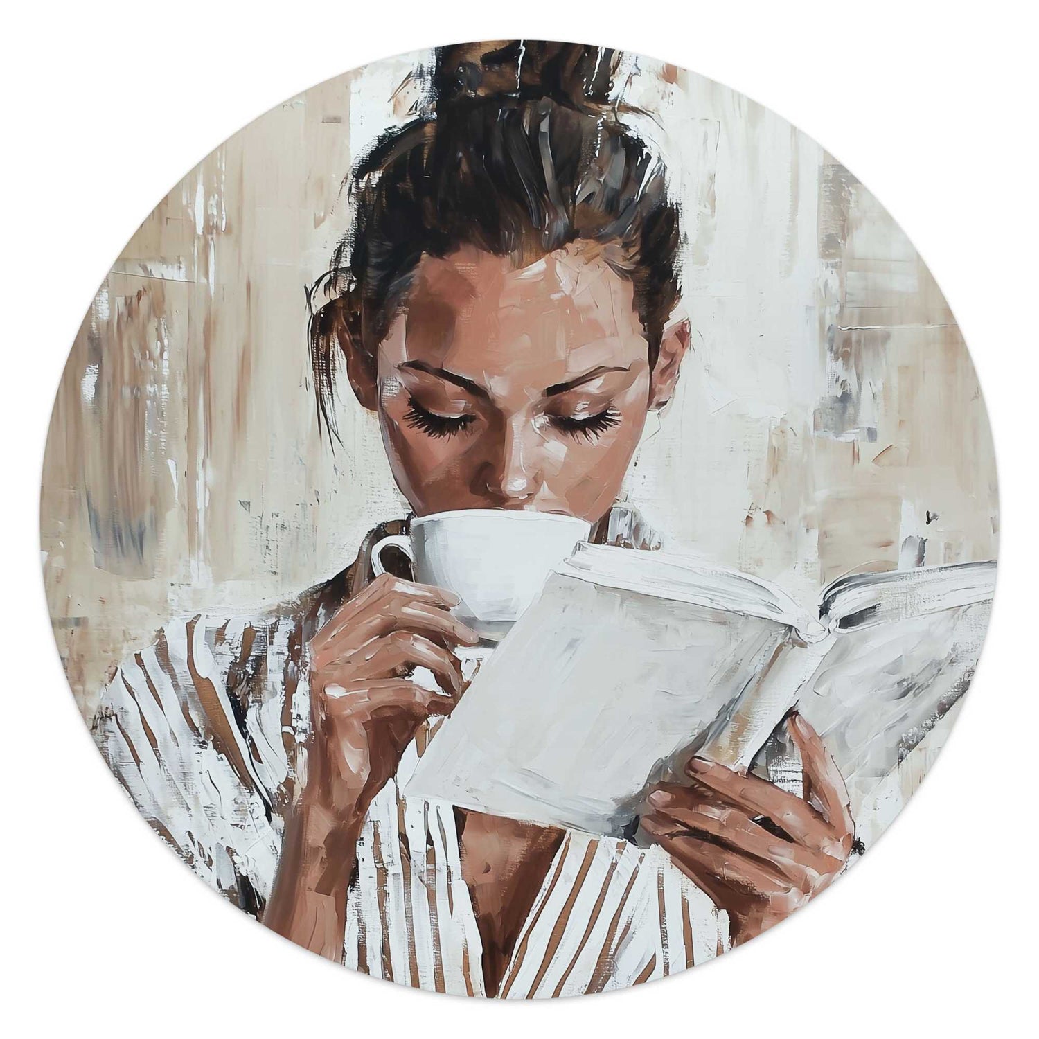 Reinders - Ochtendkoffie met een Boek I - Glasschilderij Ø 50 cm - Beige