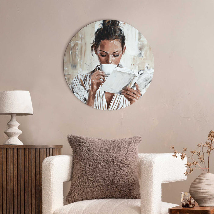 Reinders - Ochtendkoffie met een Boek I - Glasschilderij Ø 50 cm - Beige