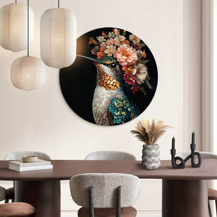 Reinders - Kolibrie met bloemenkroon - Glasschilderij Ø 70 cm - Bont