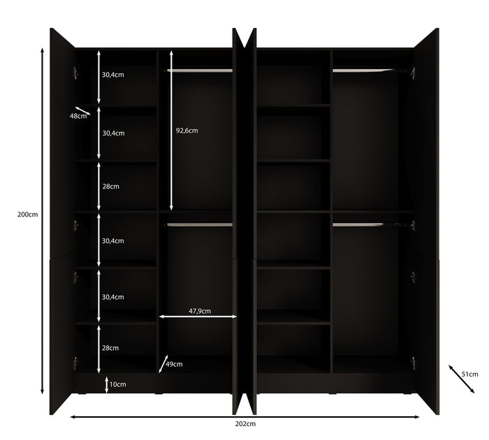 Meubella - Kledingkast Shelton - Zwart 3 - 202 cm - Met glas