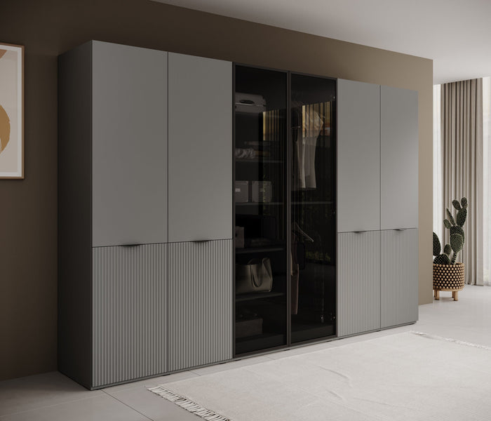 Meubella - Kledingkast Shelton - Grijs - 303 cm - Met glas