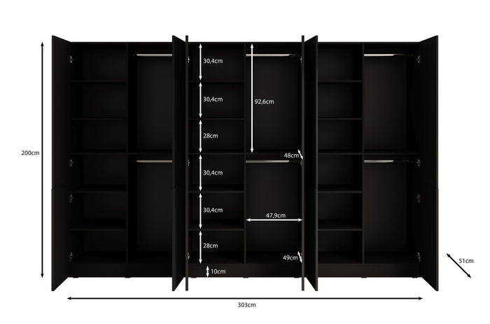 Meubella - Kledingkast Shelton - Zwart 2 - 303 cm - Met glas