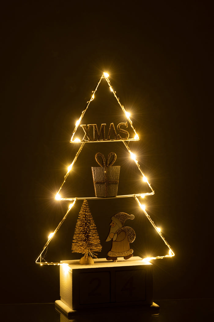 J-Line decoratie Kerstboom Kalender - hout - wit|goud - LED lichtjes