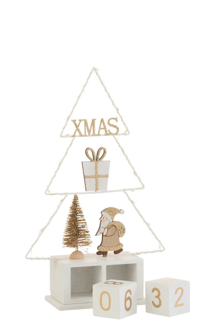 J-Line decoratie Kerstboom Kalender - hout - wit|goud - LED lichtjes