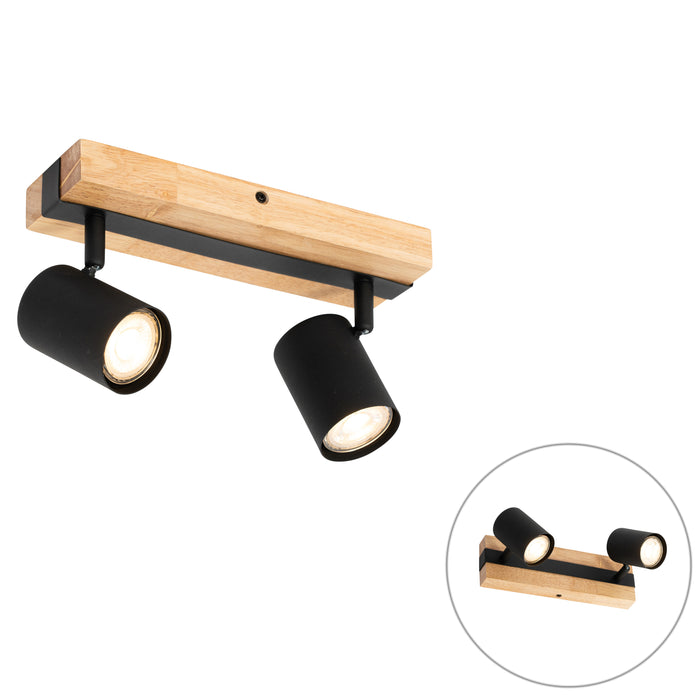 QAZQA Plafondlamp zwart met hout 2-lichts verstelbaar rechthoekig -