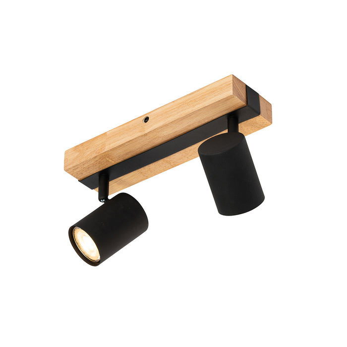 QAZQA Plafondlamp zwart met hout 2-lichts verstelbaar rechthoekig -