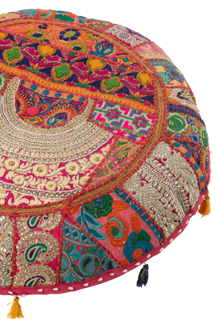 J-Line poef rond plat patronen + kwasten - katoen - roze