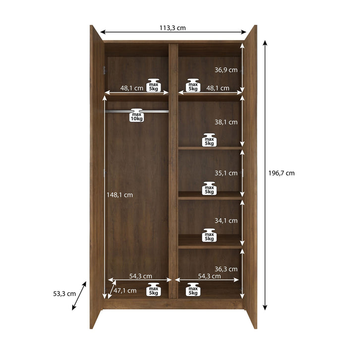 Meubella - Kledingkast Malibu - Eiken - 113 cm - Met spiegel