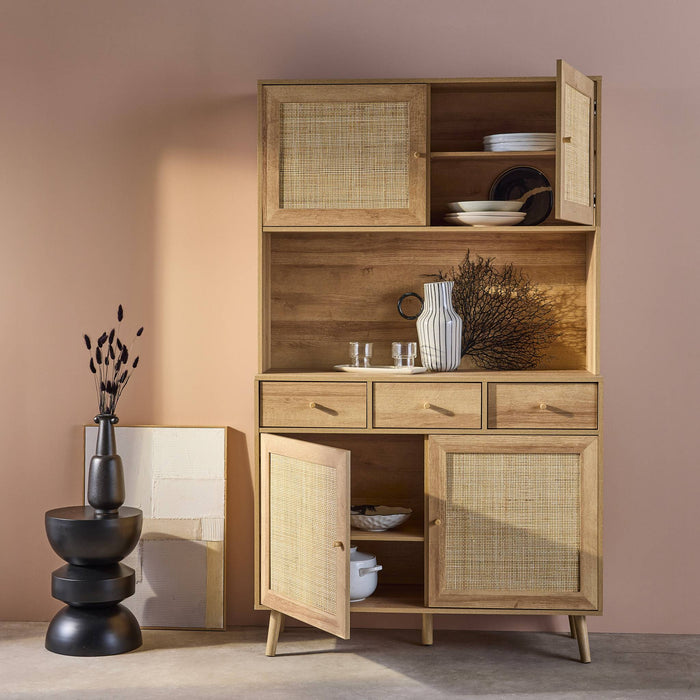 sweeek - Dressoir decor hout en rotan 4 deuren 3 lades 110 cm