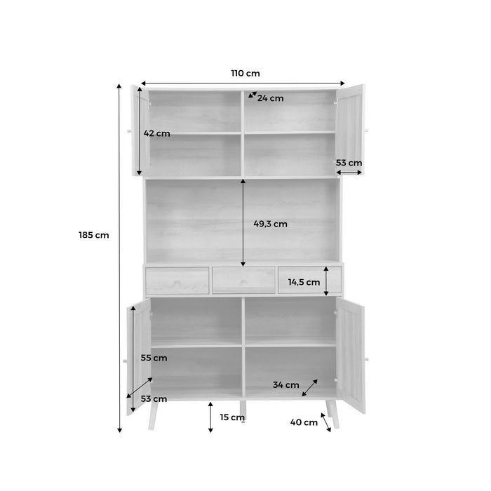 sweeek - Dressoir decor hout en rotan 4 deuren 3 lades 110 cm