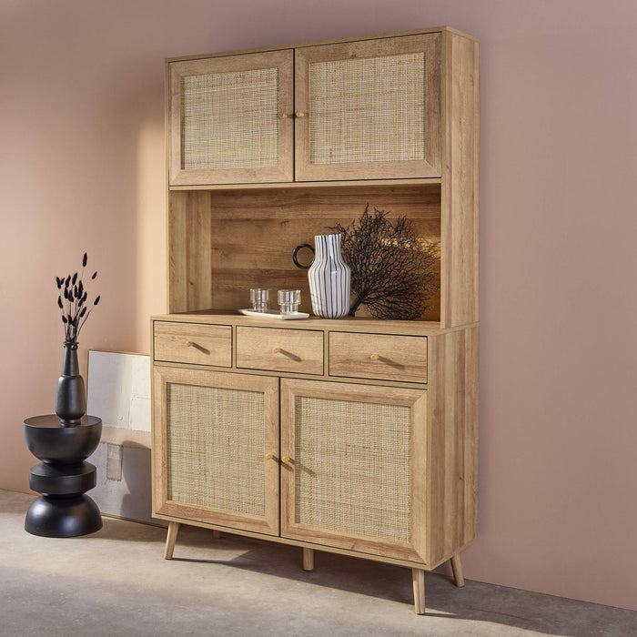 sweeek - Dressoir decor hout en rotan 4 deuren 3 lades 110 cm