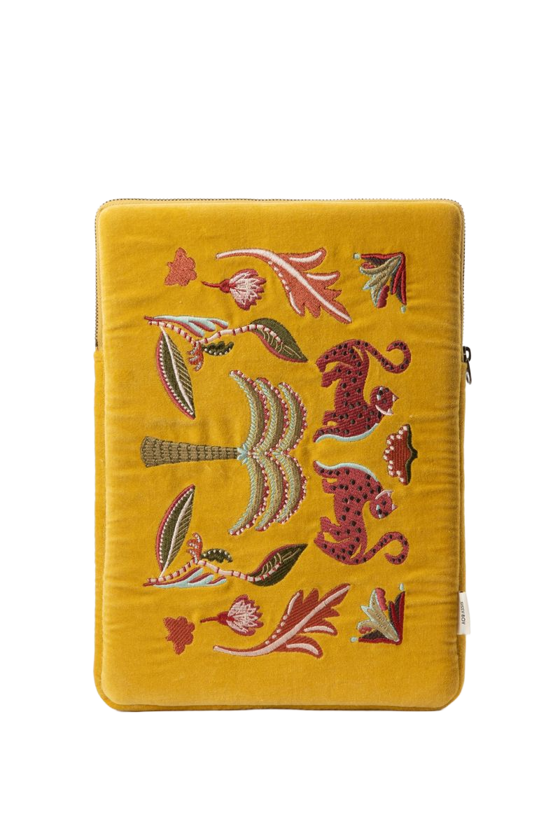 Sissy-Boy Donkergele velvet laptophoes met embroidery